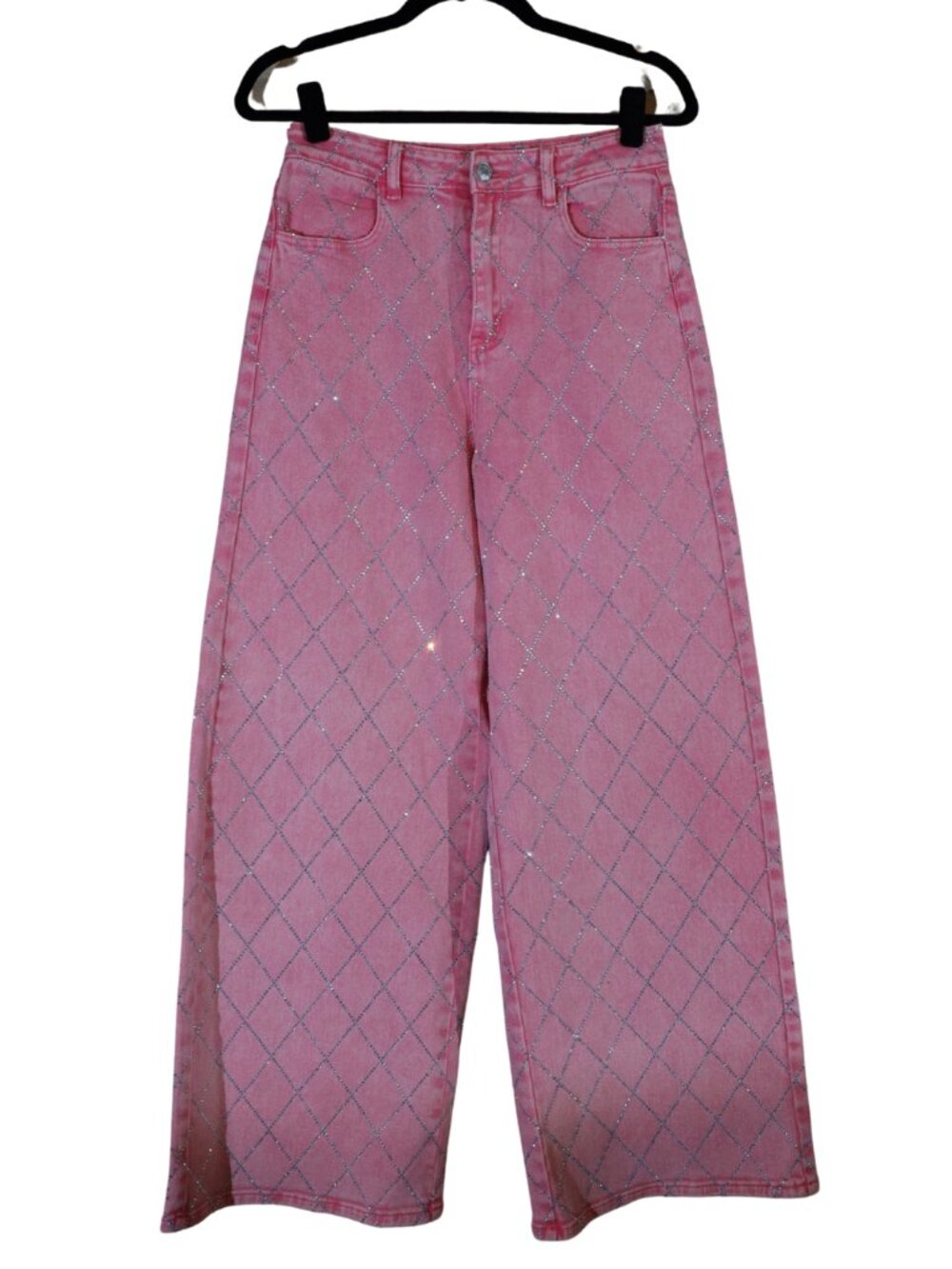 Flying Tomato Pink Rhinestone Diamond Grid Wide Leg Twill Pants M Like New